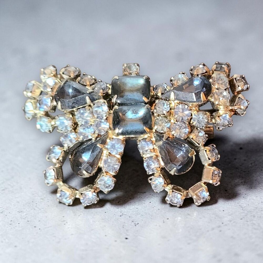 Vintage Estate Light Blue & Smoky Gray Rhinestone Butterfly Brooch